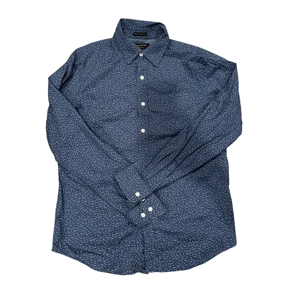 Banana Republic Untucked Fit Mens Blue Floral Organic Cotton Button Down Shirt M